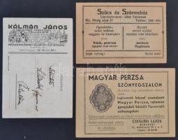 cca 1930-1940 Budapest, 3 db céges reklámlap és levelezőlap: Lőwi Testvérek szűcs és szőrmeház, Czeglédi Lajos magyar perzsa szőnyegszalon, Kálmán János műkő, cementáru vállalata. 9x14 és 10,5x15 cm