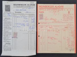 cca 1935-1937 Budapest, Weinberger Aladár illatszerkereskedő 2 db számlája, bélyeggel, 30x18,5 és 27x21 cm