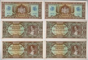 1941. 20P (4x) sorszámkövetők egy ugrással + 1945. 100.000P (6x) két sorszámkövető hármassal, egyikben egy ugrás T:I-II tűnyom