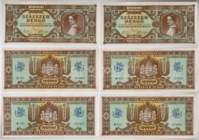 1941. 20P (4x) sorszámkövetők egy ugrással + 1945. 100.000P (6x) két sorszámkövető hármassal, egyikb...