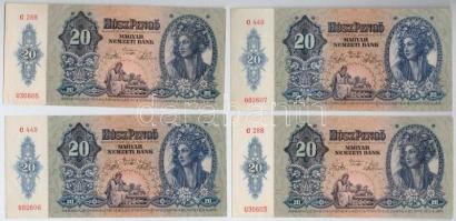 1941. 20P (4x) sorszámkövetők egy ugrással + 1945. 100.000P (6x) két sorszámkövető hármassal, egyikb...