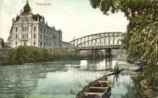 Temesvár, Timsioara; folyópart, Hunyadi híd és Béga szabályozó palota / bridge, river regulation palace