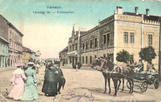 Versec, Vrsac; Városház tér, lovas hintó, kiadja özv. Kirchner J. E. / Rathausplatz / town hall square, horse cart (EK)