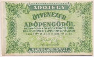 1946. 50.000AP erősen jobbra tolódott előlapi és felfele tolódott hátlapi nyomat T:II,II-