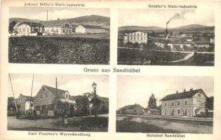 Písecna, Sandhübel;  Johann Stöhr's Stein Industrie, Gessler's Stein-Industrie, Bahnhof, Emil Paschke's Warenhandlung / stone factories, railway station, shop