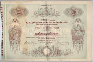 Kiskőrös 1930. Az Első Dunavidéki Takarékpénztár részvénye 50P értékben, szelvényekkel, szárazpecséttel T:II- fo.