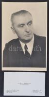dr. Kiss Ferenc anatómia professzor (1889-1966) fotója, Pécsi József fotós szárazpecsétjével. Hozzá a professzor névjegye