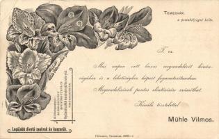 1904 Temesvár, Timisoara; Mühle Vilmos virágcsokor és koszorú készítő üzletének reklámlapja / Transylvanian bouquet of flowers and wreaths shop advertisement (EK)