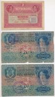 1913. 20K + 1917. 2K mindhárom bankjegy hamis felülbélyegzéssel (fake overprints) T:III-,IV