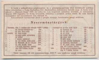 Budapest 1927. "A Budai Katholikus Kör Pengősorsjegye" 1P értékű sorsjegye a Köri Székeshá...