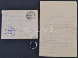 1916 Frontról hazaküldött levél katona kedvesének, benne egy gyűrűvel