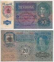 1913. 20K + 1915. 10K mindkettő piros Deutschösterreich felülbélyegzéssel és hamis bélyeggel, román felülbélyegzéssel (fake stam and overprint) T:III tűlyukak