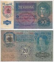 1913. 20K + 1915. 10K mindkettő piros "Deutschösterreich" felülbélyegzéssel és hamis bélyeggel, román felülbélyegzéssel (fake stam and overprint) T:III tűlyukak