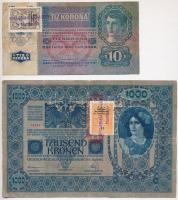 1902. 1000K + 1915. 10K mindkettő Deutschösterreich felülbélyegzéssel és hamis montenegrói bélyeggel és bélyegzéssel (fake stamp and overprint) T:III,III-