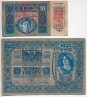 1902. 1000K + 1915. 10K mindkettő "Deutschösterreich" felülbélyegzéssel és hamis montenegr...