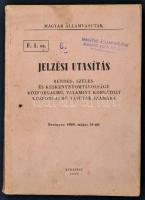 1959 Magyar Államvasutak Jelzési Utasítás. Rendes-, széles-, és keskenynyomtávolságú közfargalmú, valamint korlátolt közforgalmú vasutak számára. Bp., Közlekedési Dokumentációs Vállalat. Kiadói papírkötés, a könyvtest elvált a borítótól, belül tollas jegyzetekkel, beragasztott javításokkal, kiegészítésekkel.