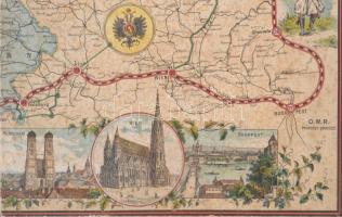 cca 1900 Kalandozás Németország területén, régi társasjáték táblája, szakadt, 63x58 cm