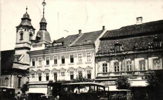 Kolozsvár, Cluj; Hotel Central, Bernát üzlete, villamos / hotel, trams, shop