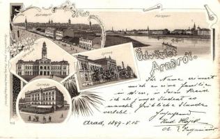 1899 Arad, Andrássy tér, Marospart, Városház, Lyceum, Színház / square, river bank, town hall, lyceum, theatre, floral Art Nouveau litho (EK)