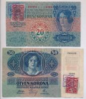 1913. 20K + 1914. 50K mindkettő csehszlovák bélyeggel és bélyegzéssel T:III,III-