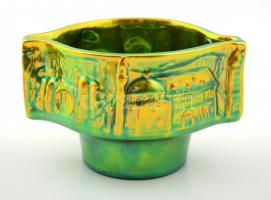 Zsolnay eozin mázas  tálka (Pécs nevezetességeivel), jelzett, hibátlan, 8×13 cm