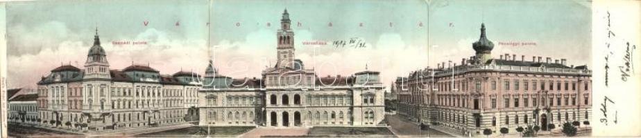 Arad, Városház tér, Csanádi palota, Pénzügyi palota; három-lapos panorámalap / town hall, palace, financial palace, three-tiled panoramacard