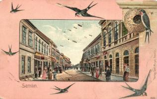 Zimony, Zemun, Semlin; fecskés dombornyomott litho képeslap, Joh. Pulyo kiadása / swallow, Emb. litho (fl)