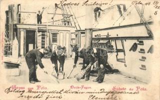 1899 Pola, Deck-Fegen / K.u.K. Kriegsmarine, mariners cleaning the board. Alois Beer