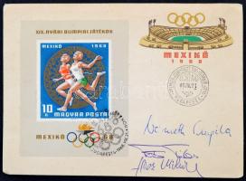 1968 Mexikói olimpia aranyérmeseinek Németh Angéla (1946-2014), Tatai Tibor (1944-), Hesz Mihály (1943-) aláírásai egy Mexikói olimpiai borítékon.