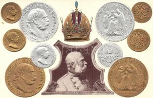 1848-1908 I. Ferenc József 60 éves uralkodására készült emléklap arcképével ellátott érmékkel / Franz Josephs 60th anniversary of reign, coins with his portrait, Emb.