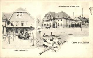 Feketehalom, Zeiden, Codlea; Vendéglő a Fekete várhoz, kertétterem / Gasthaus zur Schwarzburg, Gartenrestaurant / restaurant garden, floral