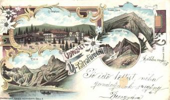 1899 Újtátrafüred, Novy Smokovec; Szalóki csúcs, Lengyel nyereg, Zöld-tó / mountains and lake, floral, Art Nouveau litho (vágott / cut)