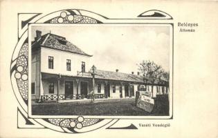 Belényes, Beius; Vasútállomás és Vasúti Vendéglő, kiadja Wagner Vilmos fényképész / railway station and restaurant, Art Nouveau