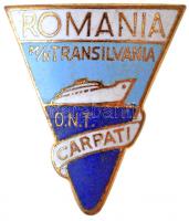 Románia DN "ROMANIA M/N Transilvania O.N.T. Carpati" zománcozott fém jelvény, "PMS ARAD" gyártói jelzéssel (23x25mm) T:2 Romania ND "ROMANIA M/N Transilvania O.N.T. Carpati" enamelled metal badge, with "PMS ARAD" makers mark (23x25mm) C:XF