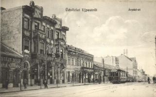 Budapest IV. Újpest, Árpád út, Takarékpénztár, villamos, Pesti Magyar Kereskedelmi Bank, Weisz Dezső és Rosenthal Sándor üzlete, kiadja Salgó-féle könyvnyomda