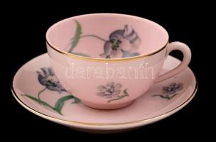 Zsolnay  virág mintás mokkás készlet, rózsaszín mázas, kézzel festett, jelzett, hibátlan