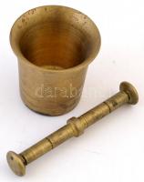Mini réz mozsár törővel, rozsdafoltokkal, 5x5 cm, h: 10 cm
