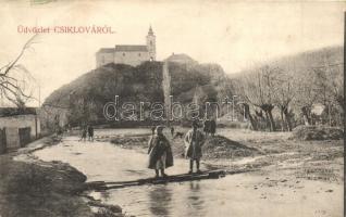 Csiklófalu, Csiklovár, Ciclova; utcakép esőzések után pallókkal, Római katolikus kolostor, Weisz Félix kiadása / street view after rains with footbridges and cloister