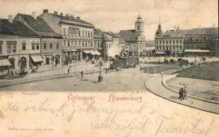 Kolozsvár, Cluj, Klausenburg; Fő tér városi vasúttal, Reményik Victor és Gergely Ferenc üzlete / Hauptplatz / main square with urban railway, shops (Rb)