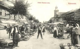 Kolozsvár, Cluj; Deák Ferenc utca, piac, árusok, Marcinkiewicz üzlete / street view with market, vendors, shop (Rb)