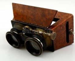 Nagyméretű fa sztereo-kép nézegető, Pejtsik Károly fotóüzlete, két modern fotóval, és egy régi üveg ...