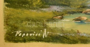 Popvici jelzéssel: Házikó a rengetegben, vegyes technika, üvegezett fa keretben, 16x21 cm