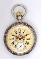 Ezüst fedeles zsebóra, nagyon szép, festett számlappal, másodperc mutatóval. Jól működő állapotban. / Vintage silver pocket watch with painted dial.d:5 cm