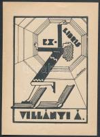 Dinnyés Ferenc (1886-1958): Art deco ex libris, Villányi Á. Fametszet, papír, jelzett a dúcon, 8×6 cm