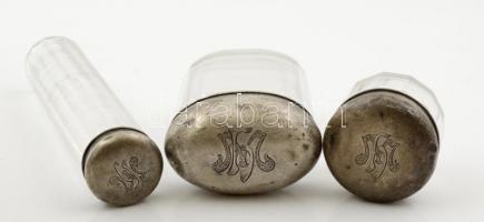 cca 1900 Ezüst (Ag.) tetős monogramos tégely, fiolák, összesen: 3 db, jelzett, m:4-16 cm, nettó: 69 ...