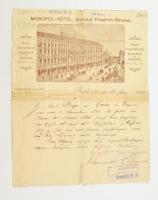 1889 Berlin, díszes fejléces levél a Monopol-Hotel képével, sérült, ragasztott papírral / letter wit...