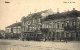 Kassa, Kosice; Fő utca, Erzsébet áruház, Wald Jakab, Hirschbaum Simon üzlete, Jelzálogbank, villamos / main street, bank, shops, tram (Rb)