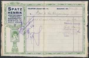 1921 Spatz Henrik Könyvnyomda díszes fejléces számla