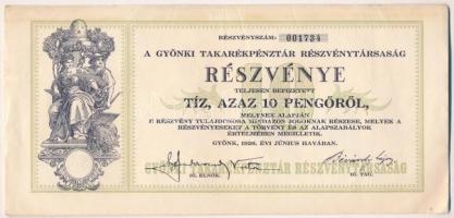 Gyönk 1926. A Gyönki Takarékpénztár Részvénytársaság részvénye 10P értékben, szelvényekkel, szárazpecséttel T:II