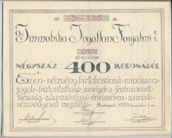 Budapest 1919. Az Immobilia Ingatlan Forgalmi Részvénytársaság öt részvénye egyben 400K-ról szelvényekkel, belső oldalon bírósági végrehajtási bejegyzésekkel T:I-,II